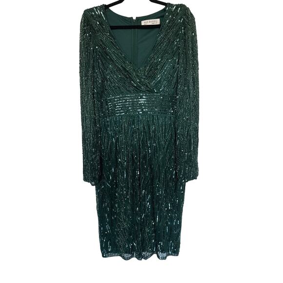 NWT Mac Duggal Green Long Sleeve Embellished Sequin Cocktail Dress, 10